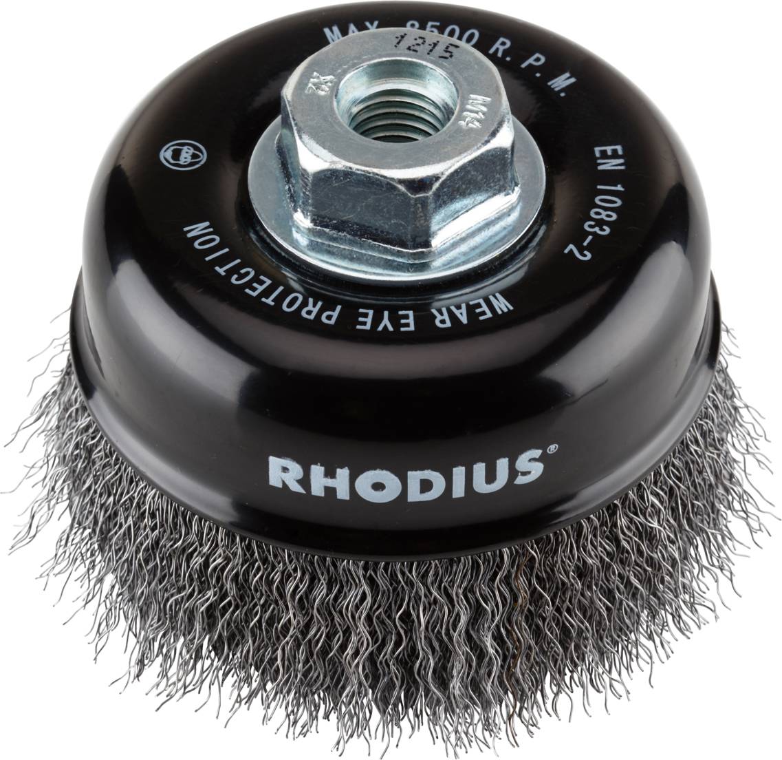 Wire brush attachment with metal bristles and a securing nut. 'RHODIUS' marking with rotational speed indication.