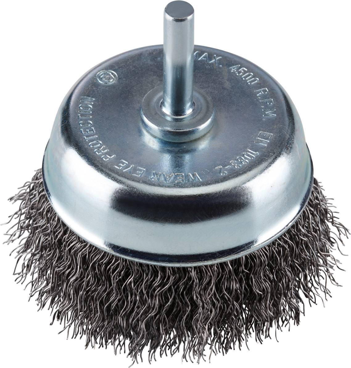 Metallic wire brush with bristles and a cylindrical shaft. Suitable for cleaning work or surface treatment.