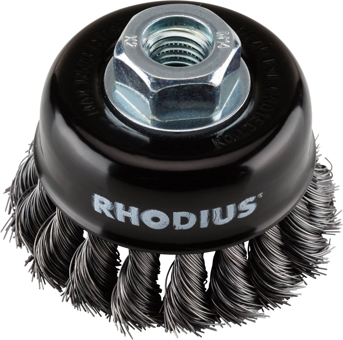 Wire brush with threaded shaft, brand marking 'RHODIUS', black housing, twisted steel bristles. Used for cleaning and removal of rust.