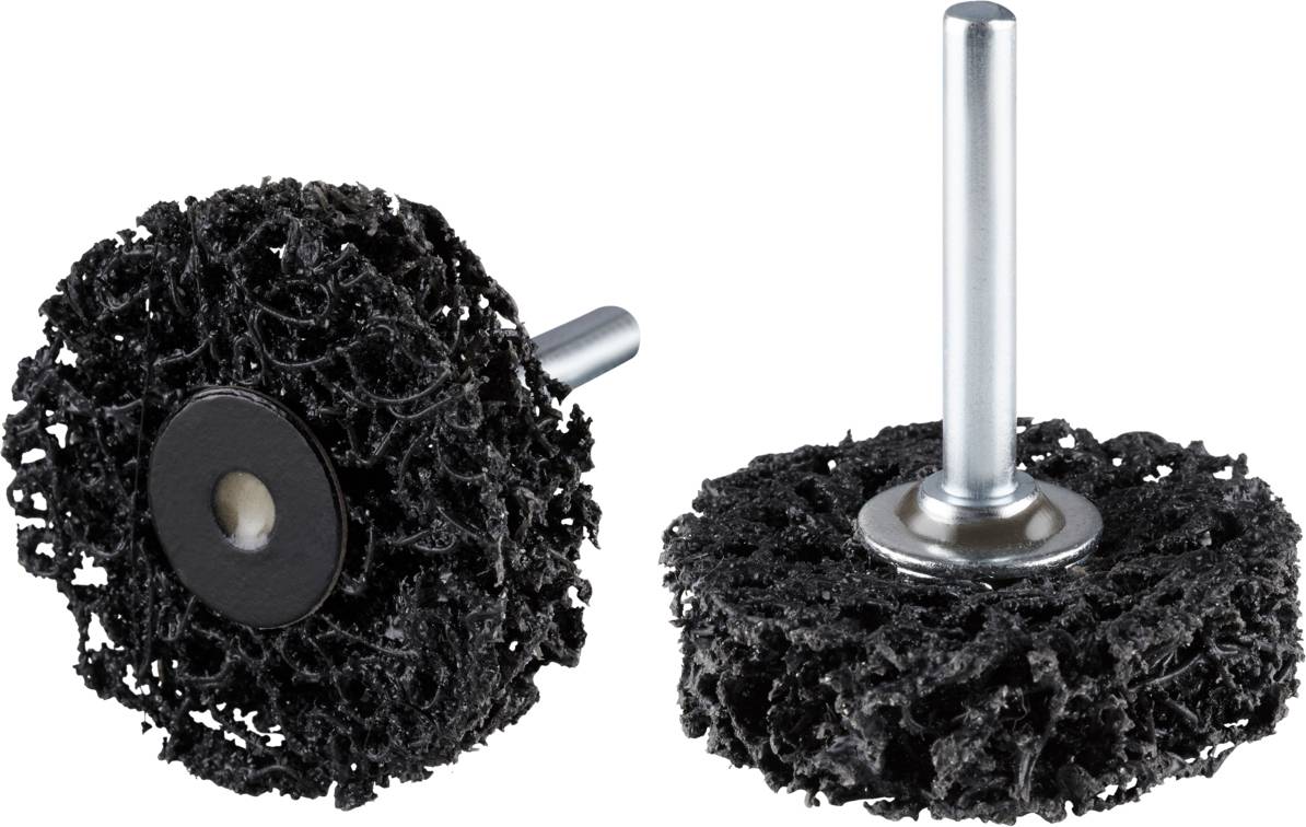 Two black grinding attachments with needle wheels and metal stems for mounting on drilling machines, suitable for surface treatment.