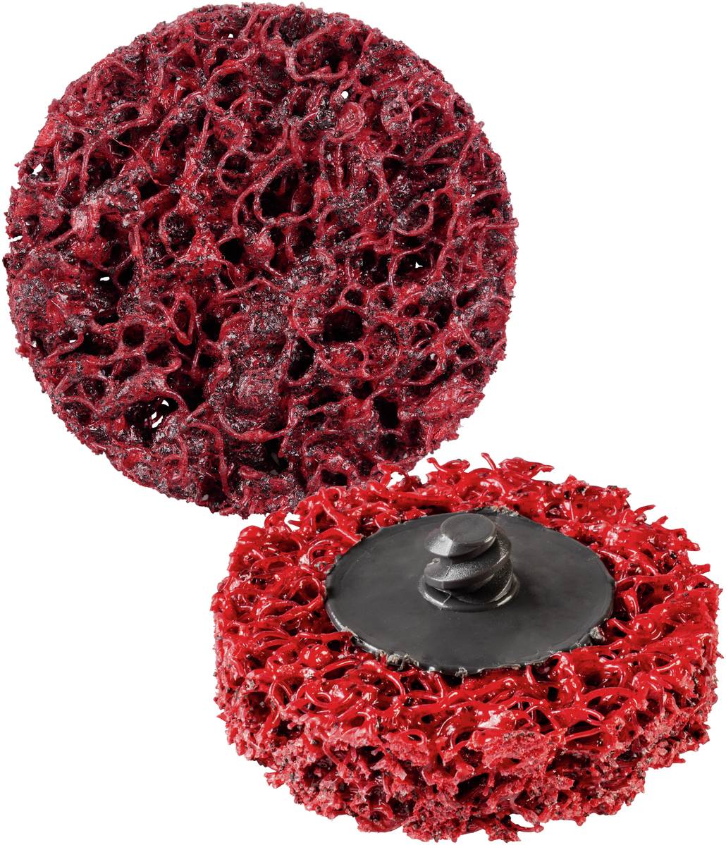Two red cleaning discs with coarse, sponge-like fabric, suitable for grinding work on metal surfaces.