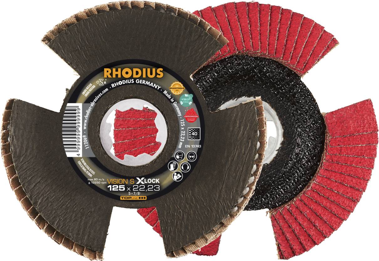 Two grinding discs with red and black surfaces. Text on the left: 'Rhodius Vision X-LOCK 125 x 22.23'.