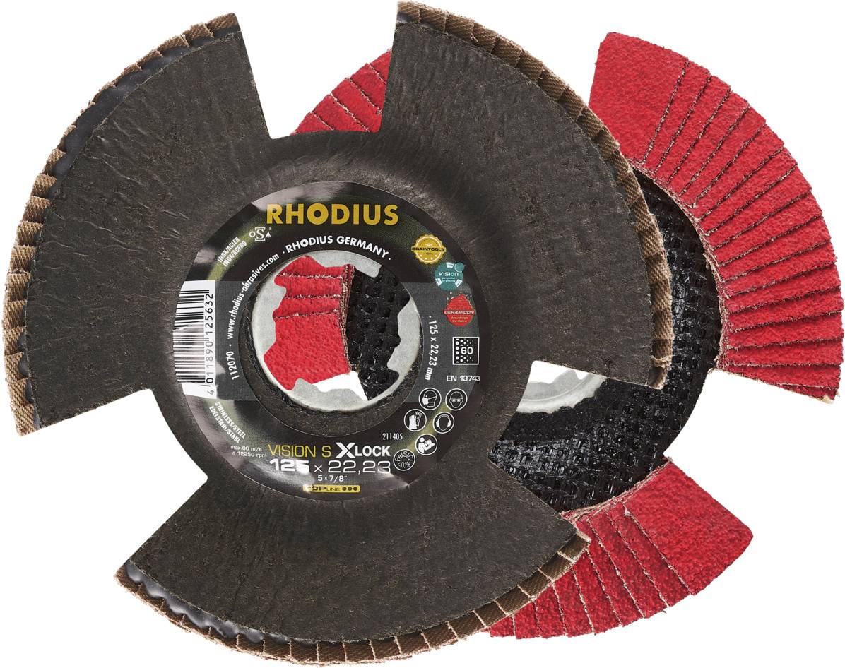 Rhodius grinding and cutting disc with red flange, suitable for X-Lock machines.