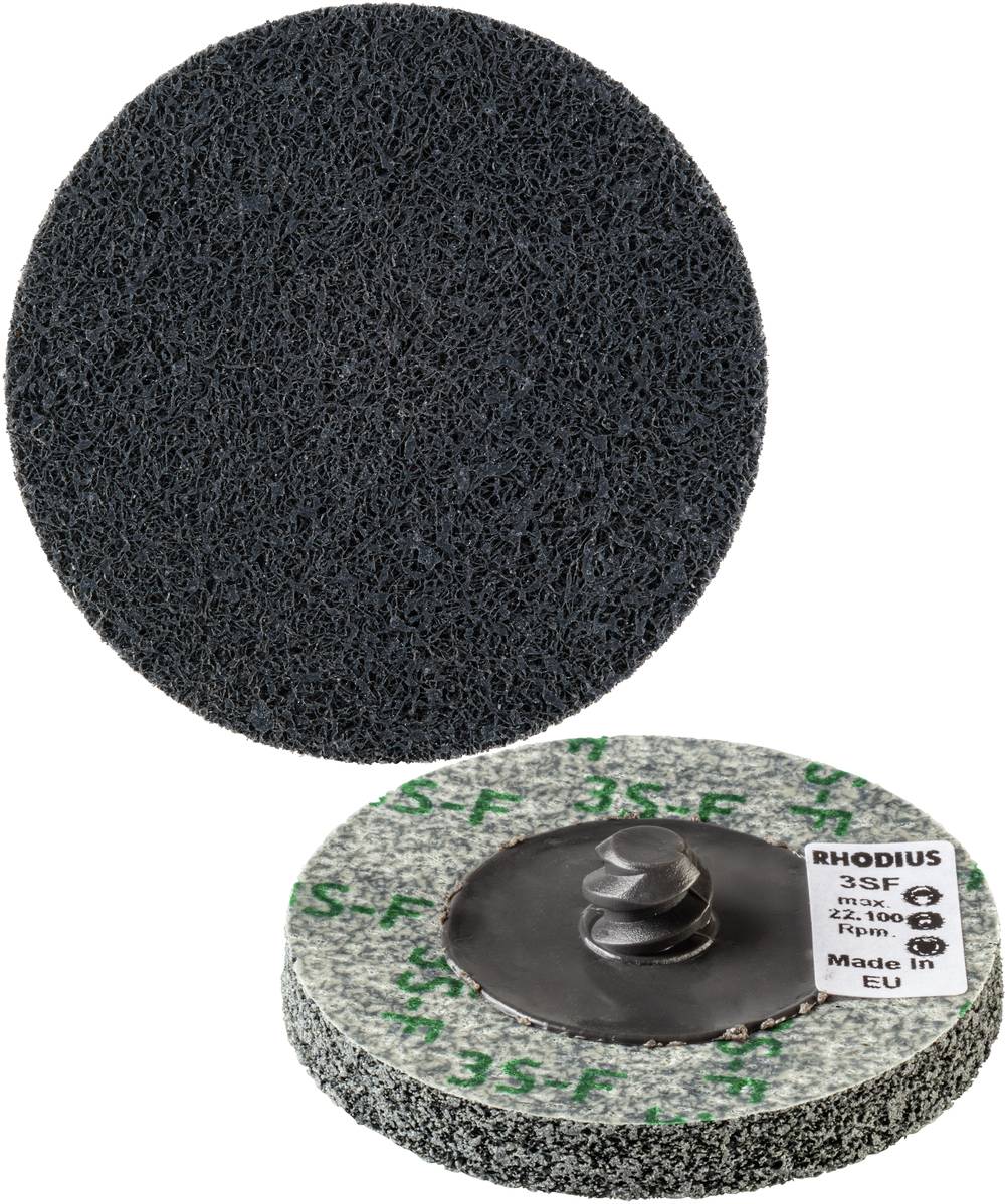 Grinding disc with a rough texture, suitable for metal processing. Reverse side shows mounting element and brand indication 'RHODIUS 35F'.