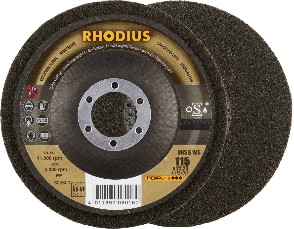 A set of Rhodius grinding discs, suitable for stainless steel processing. Maximum rotational speed: 11,000 rpm, dimension: 115 x 22.23 mm.