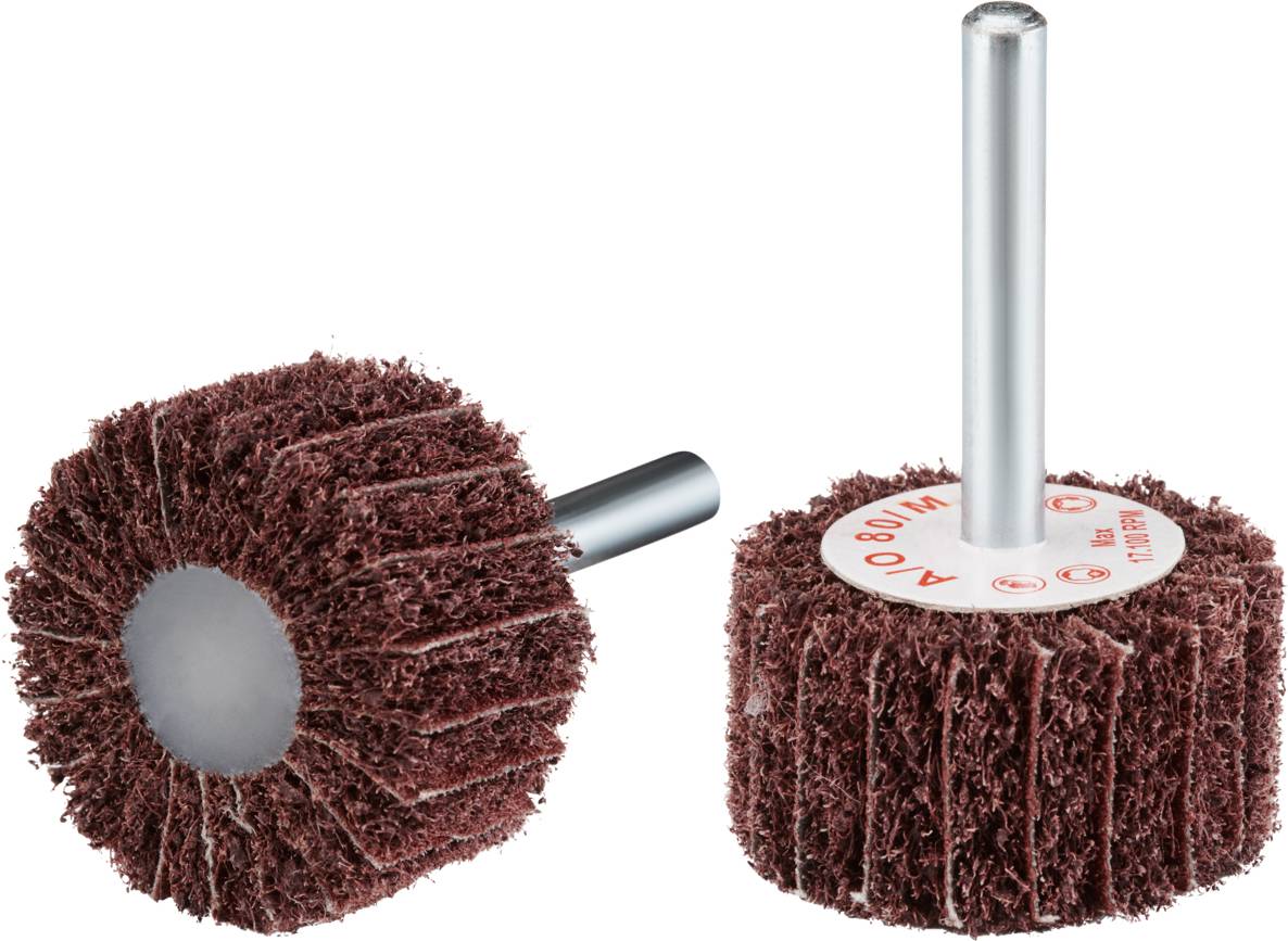 Two red grinding tools with metal handles. They have a round, bristled design, suitable for surface processing.