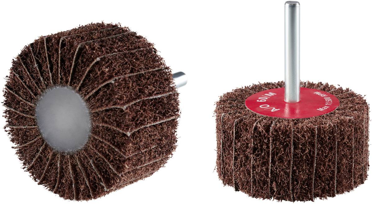 Brown flap wheel with shaft for surface treatment of metals and wood.