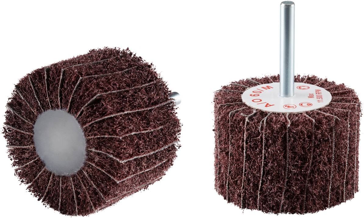 Two grinding brushes made of red abrasive fleece with metal shaft for drill machines, suitable for grinding and polishing surfaces.