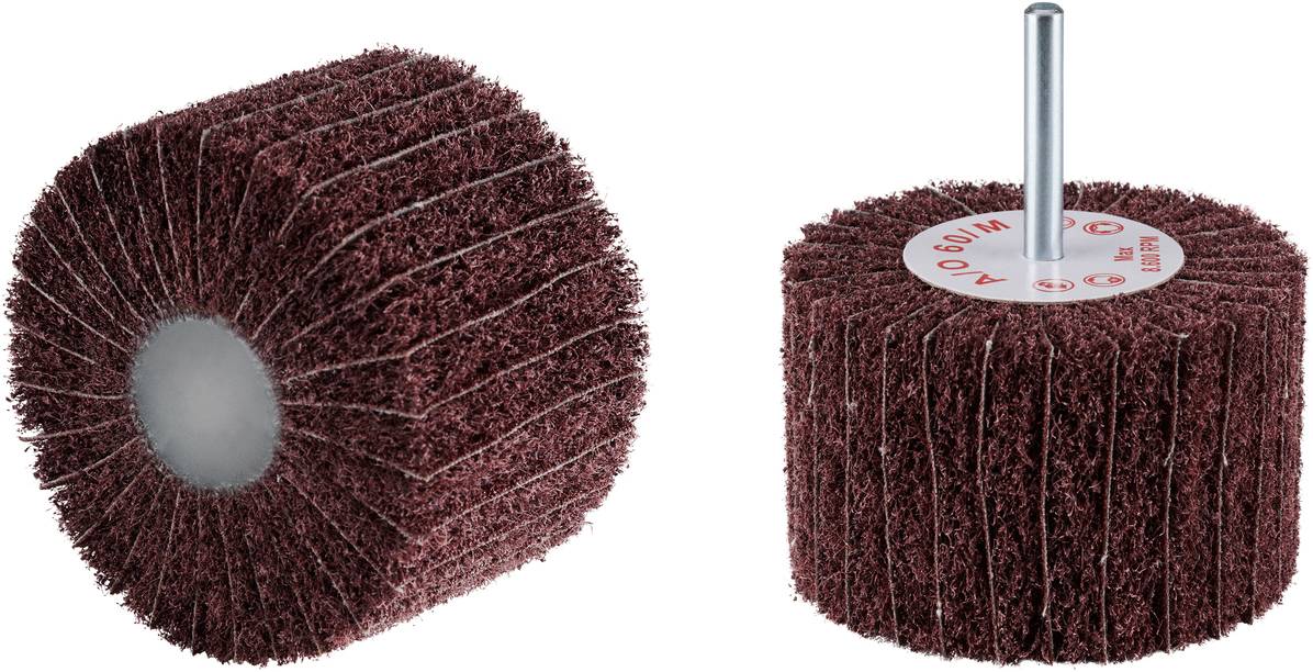 Abrasive Flap Discs, brown grinding wheels with metal shank, suitable for processing surfaces or metal parts.