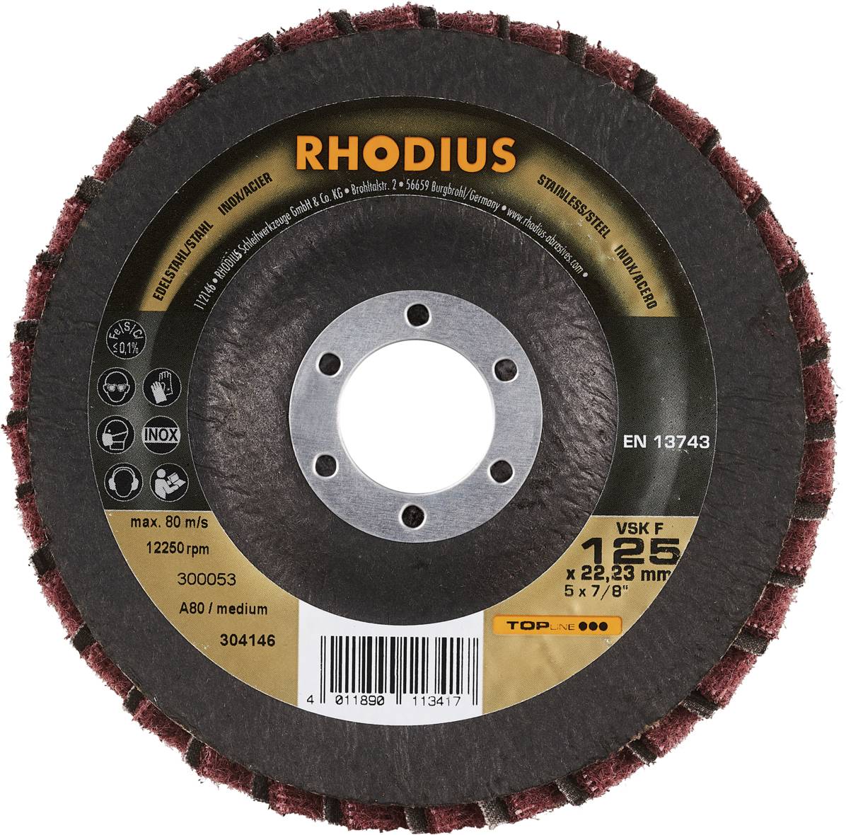 'RHODIUS VSK F' Flap Disc for Metal Grinding, red-brown, max. 80 m/s. Diameter: 125 mm. Suitable for angle grinders.