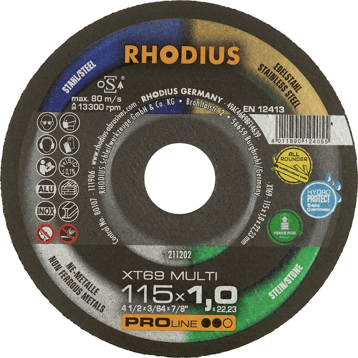Rhodius cutting disc for stainless steel, 115 mm diameter, max. 80 m/s, 13,300 rpm. Suitable for metal and other materials.