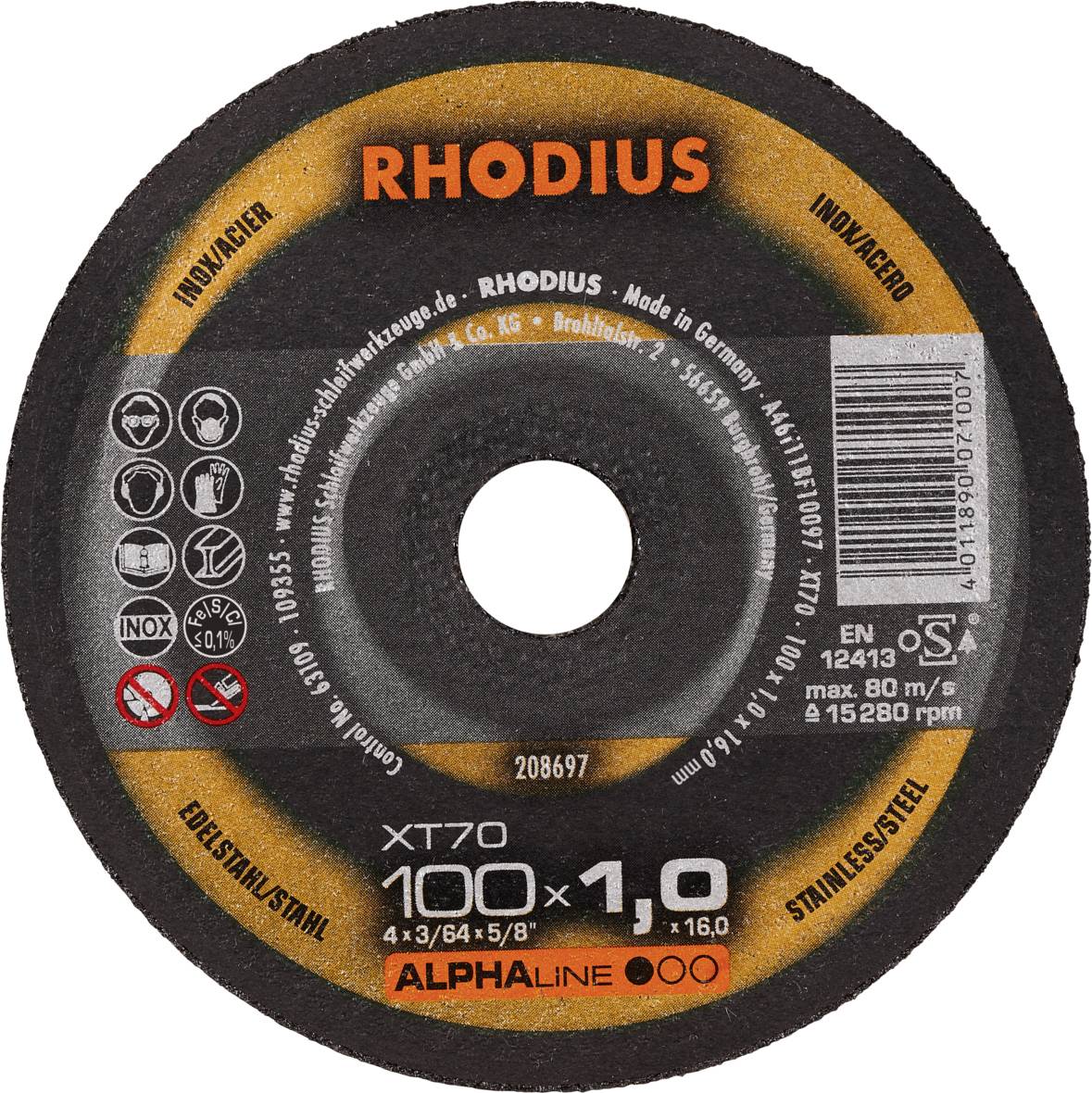 'RHODIUS' Grinding Disc, diameter 100 mm, thickness 1.0 mm, suitable for stainless steel. 15,280 RPM. Inscription shows specifications and standards.
