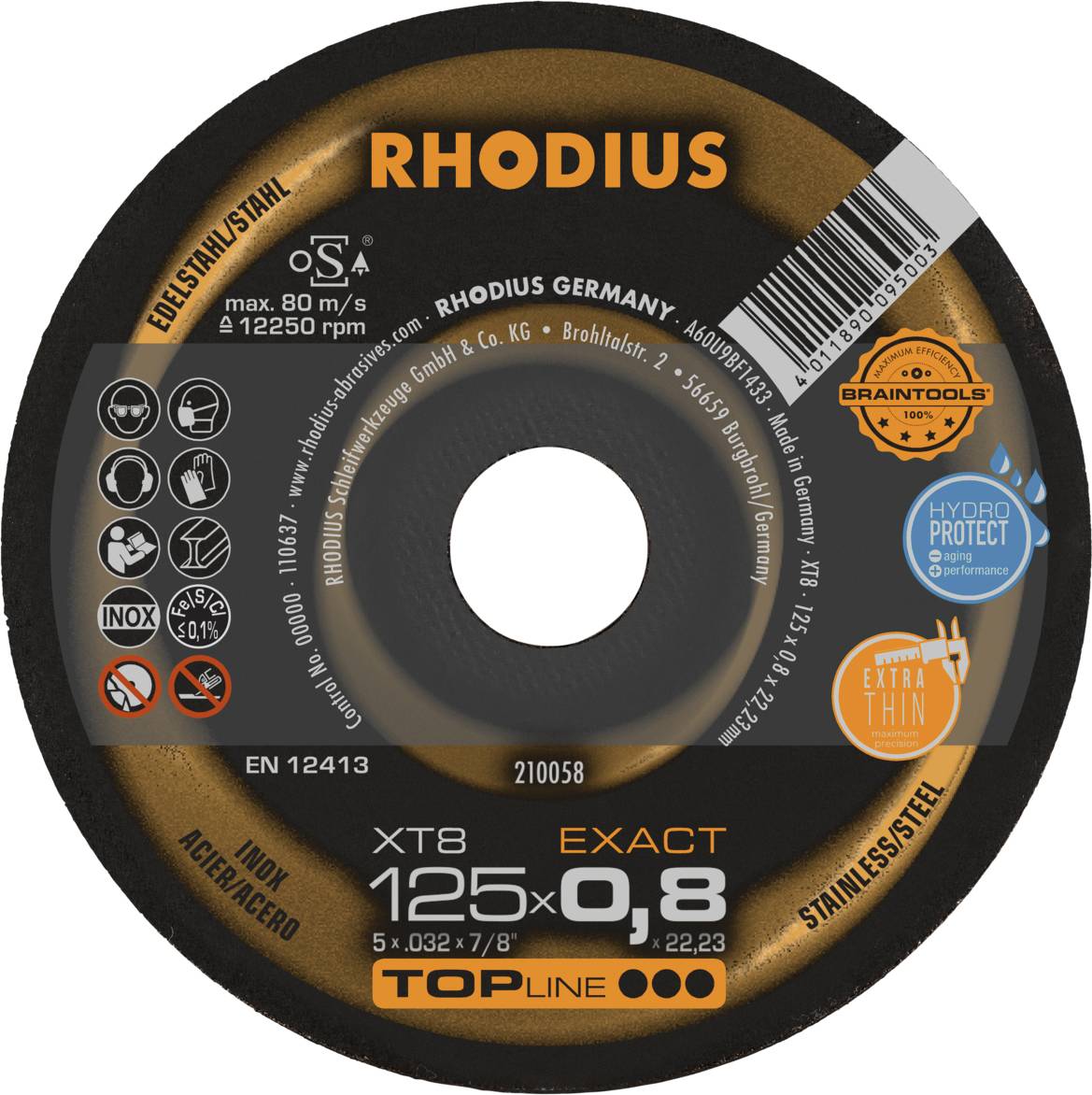 'RHODIUS Cutting Disc', 125 mm diameter, 0.8 mm thickness, suitable for stainless steel. Maximum speed 12,250 rpm. Extra thin and precise.