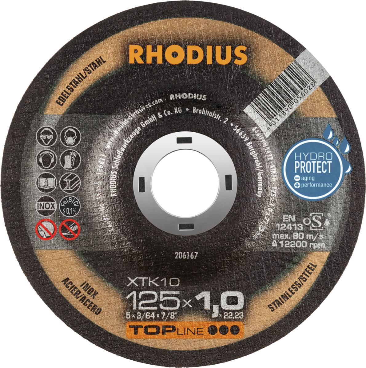 RHODIUS cutting disc for stainless steel and steel, 125x1.0 mm, maximum 80 m/s and 12,200 rpm. Hydro Protect for reduced moisture.