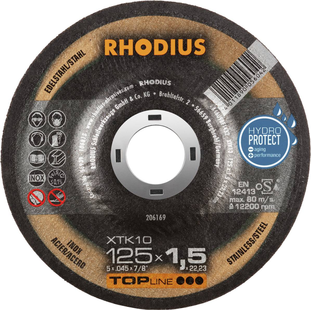 Grinding disc with 'RHODIUS' inscription, diameter 125 mm, thickness 1.5 mm, for stainless steel, HydroProtect technology.