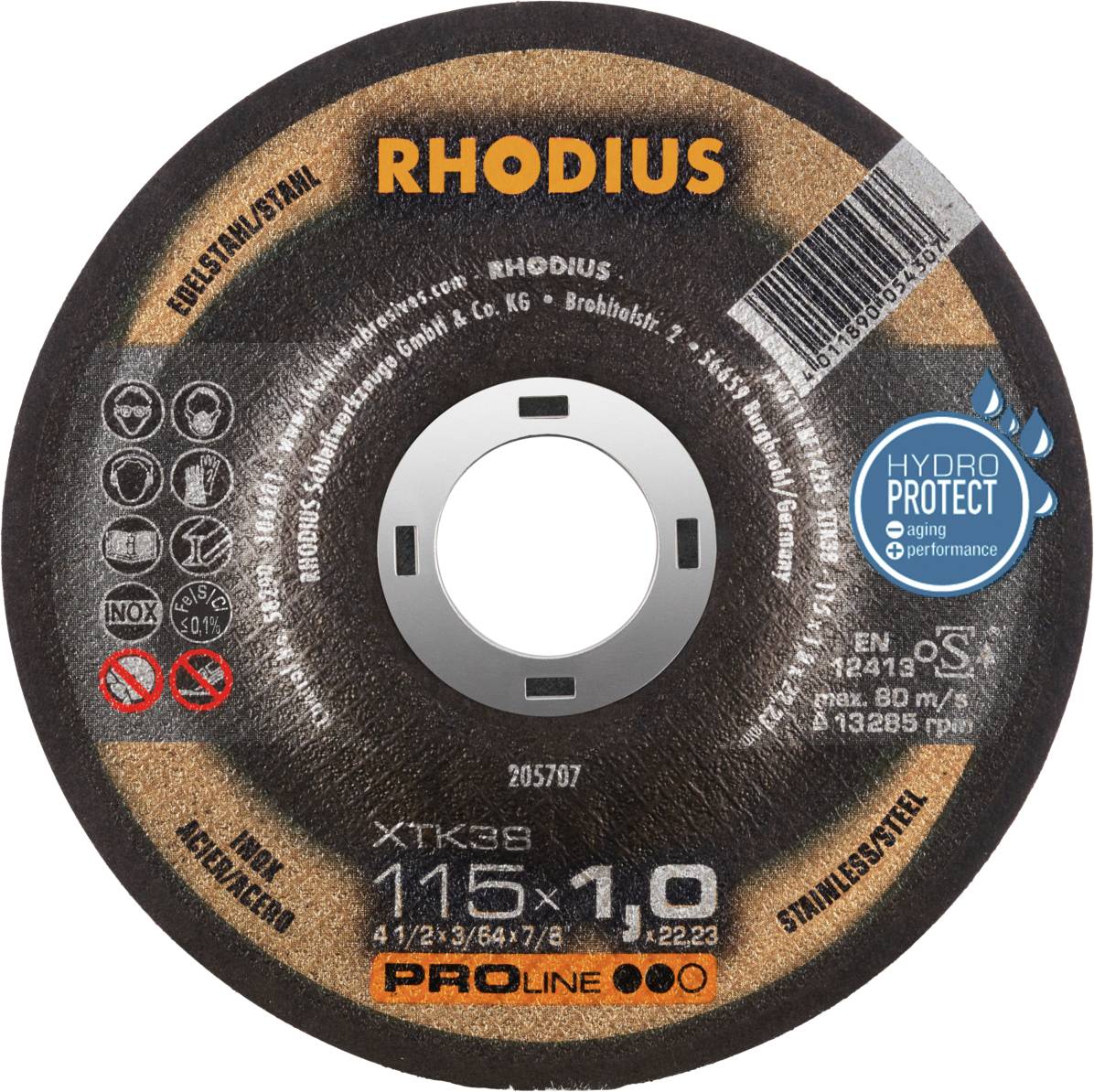 Cutting disc for stainless steel, Rhodius brand, diameter 115 mm, thickness 1.0 mm, suitable for high performance and durability.