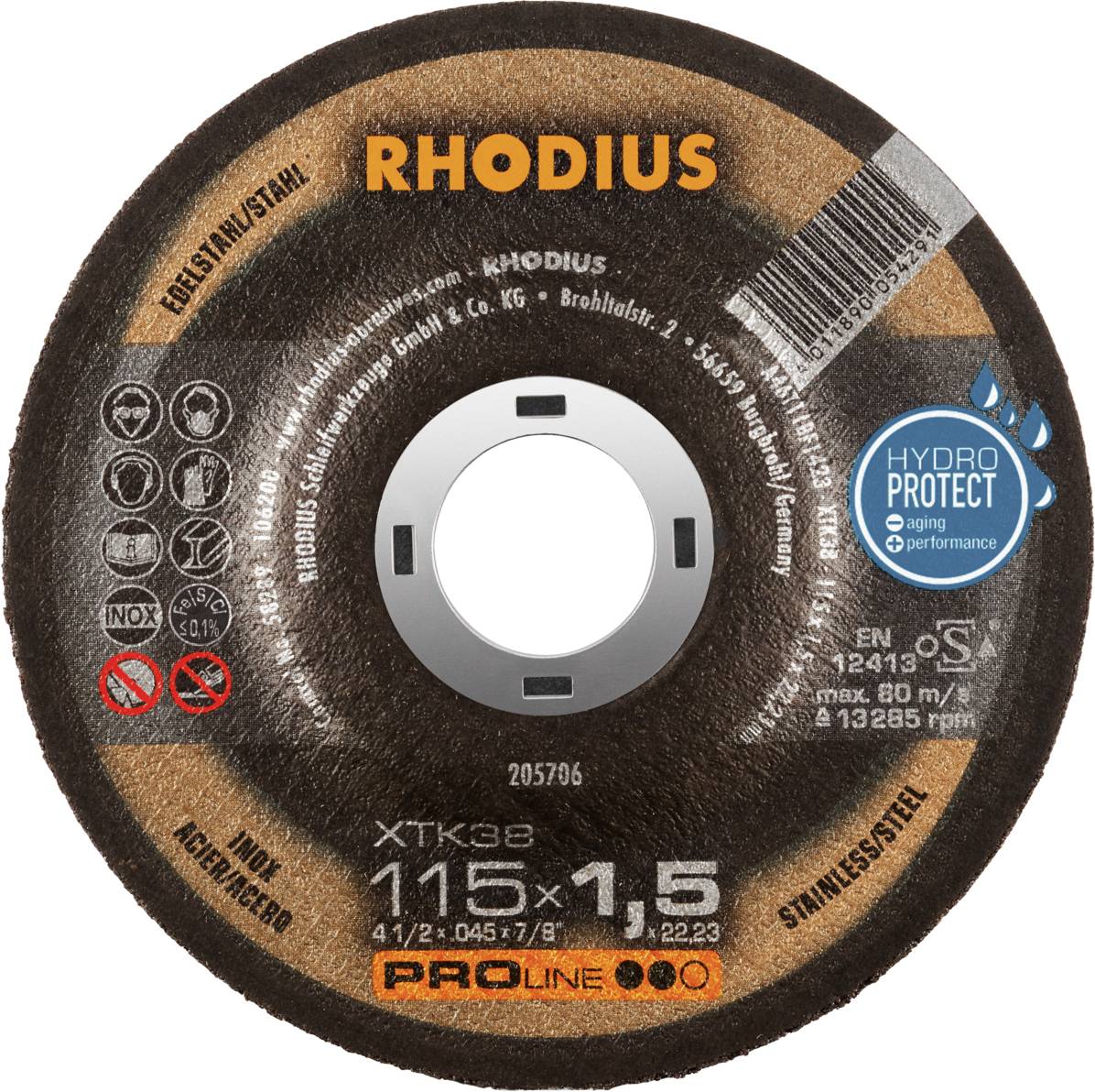 Grinding disc with 'RHODIUS' inscription, '1.5 mm' thick, suitable for stainless steel, with Hydro Protect coating to prevent ageing.