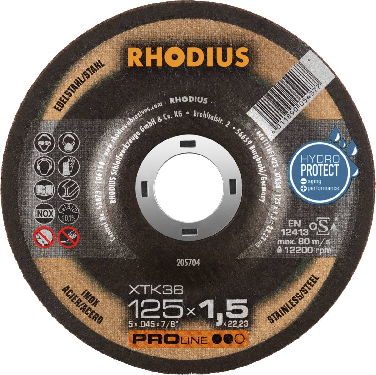 Grinding Disc 'RHODIUS' for Stainless Steel and Steel, Diameter 125 mm, Thickness 1.5 mm, Max. 80 m/s, 12,200 RPM.