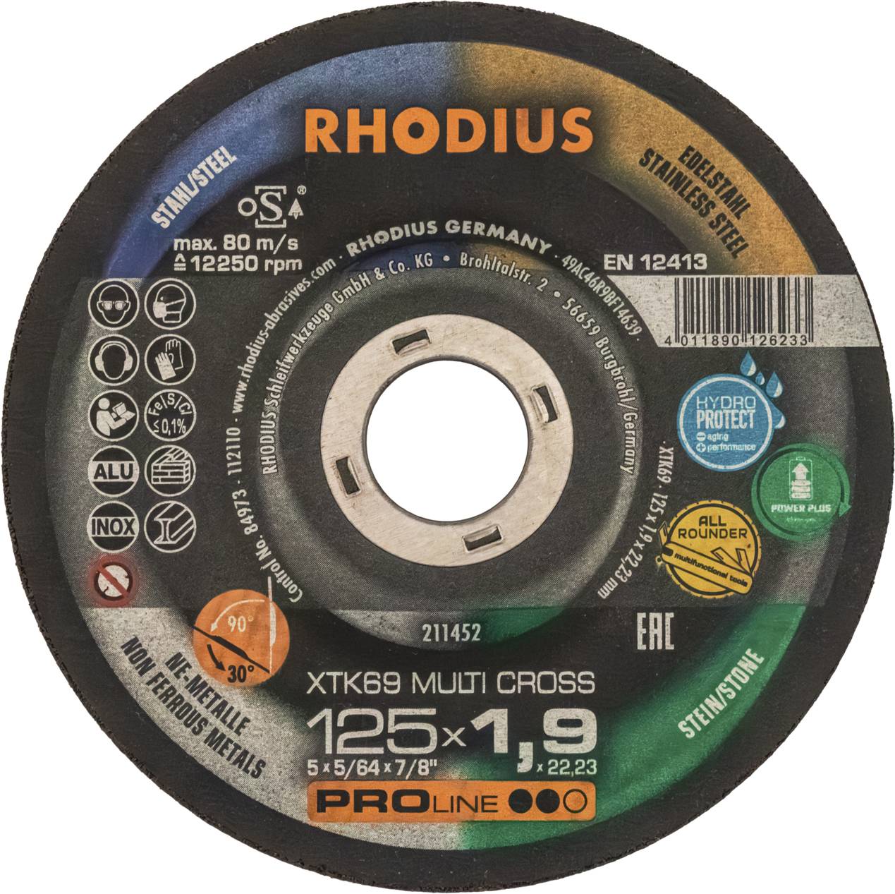 'RHODIUS Grinding Disc', diameter 125 mm, thickness 1.9 mm, suitable for steel and stainless steel. Maximum speed 80 m/s, 12,250 rpm.