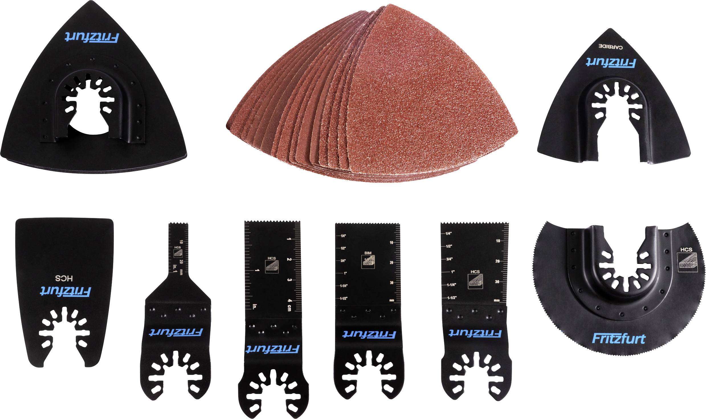 Various oscillating tool blades and sanding pads are arranged in two rows, showcasing different shapes and sizes for cutting and sanding tasks.