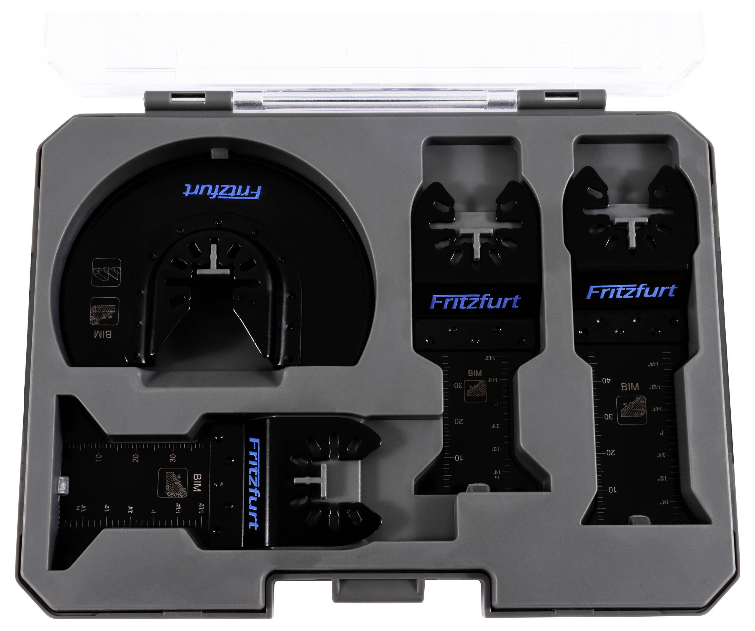 A set of black oscillating multi-tool blades in a plastic case labeled 'Fritzfurt', featuring various sizes and designs for versatile use.