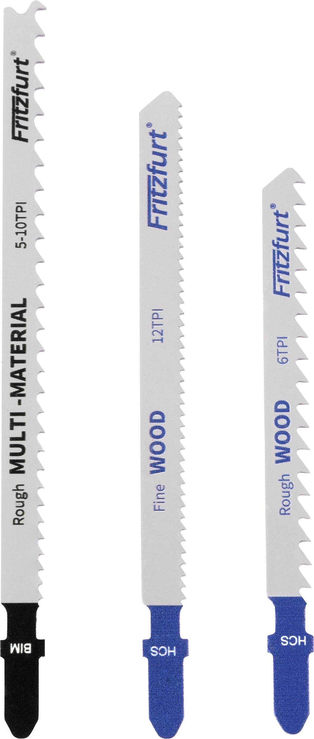 Three saw blades: one labeled 'MULTI-MATERIAL, 5-10 TPI', another 'Wood, 12 TPI', and the third 'Rough Wood, 6 TPI'. Each varies in size.