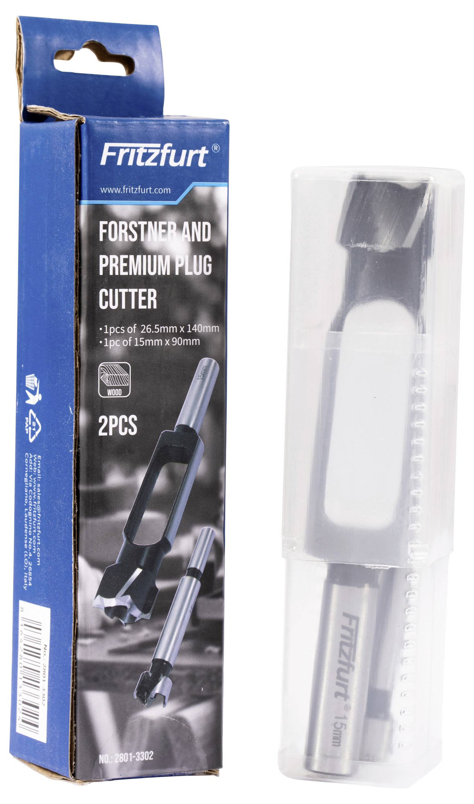 'Forstner and Premium Plug Cutter' set by Fritzfurt, includes two pieces: one 26.5mm x 140mm and one 15mm x 50mm. Packaged in a blue box.