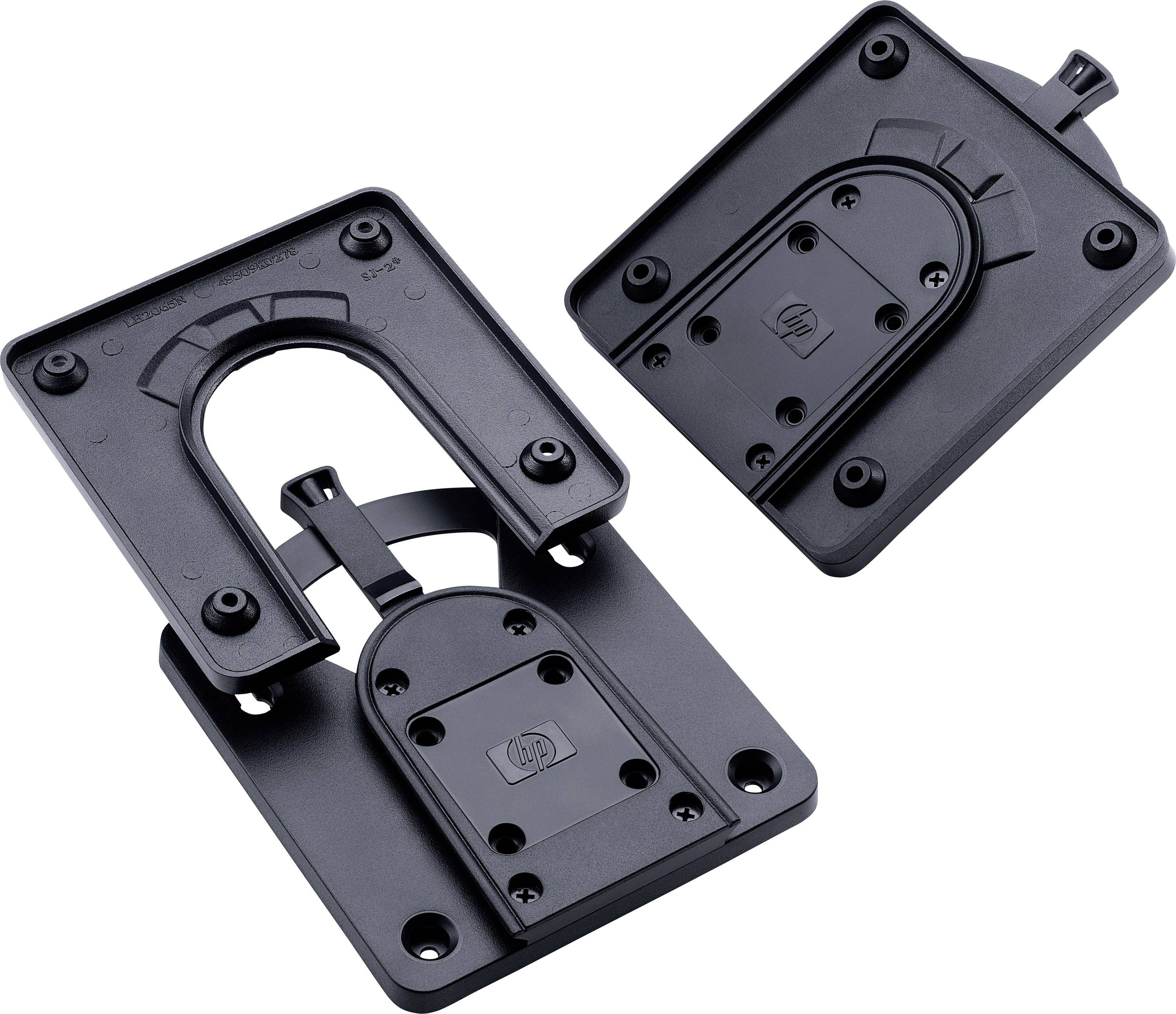 Two black plastic mounting brackets on a white background, each with multiple screw holes, suggesting adaptable mounting options.