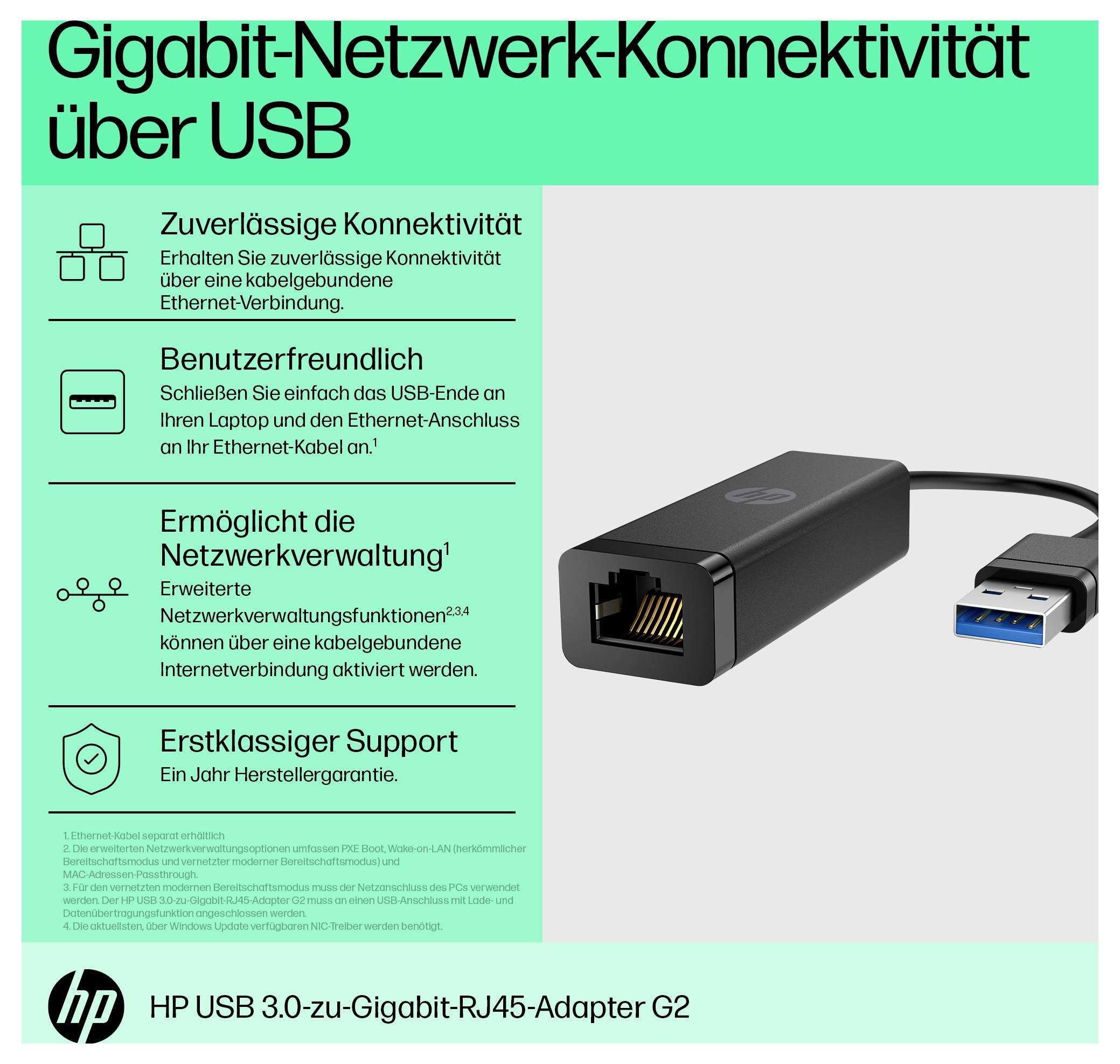 HP USB 3.2 1st Gen (USB 3.0), RJ45 Adapter [1x USB-A plug - 1x RJ45 socket] USB-A - RJ45 Adapter G2 0.1 m
