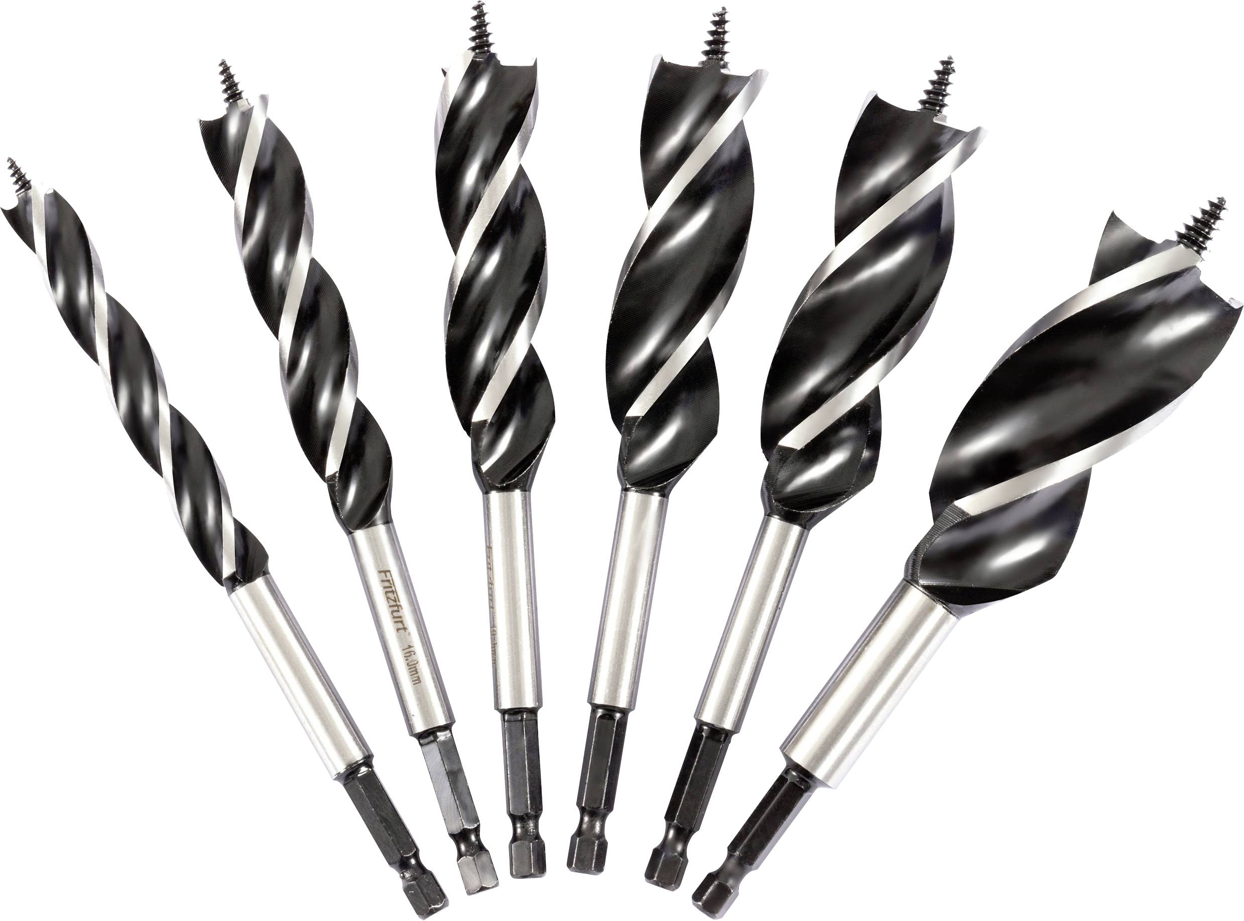 A set of six black and silver drill bits of varying sizes, used for woodworking, shown in a fan arrangement on a white background.