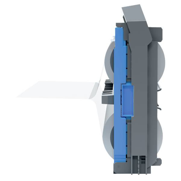 Cross-section of a grey machine with blue accents, holding two large rollers. Key components and structure visible from the side.