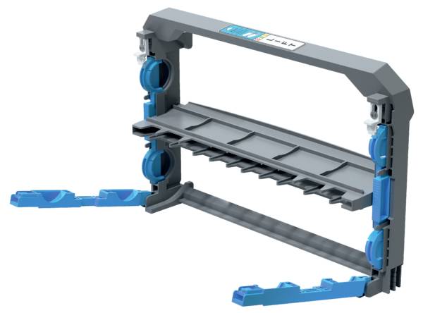 'Plastic battery clip', grey and blue. Used for secure fastening and mounting in a technical assembly.