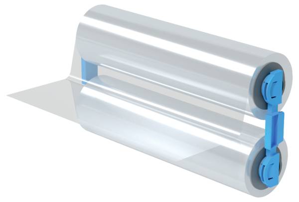 A plastic film is being unwound from two rollers. The rollers are blue and the film is transparent.