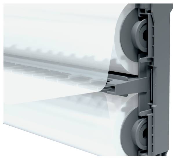 Electric roller shutters with two white slats, running on side rails. They are slightly open.