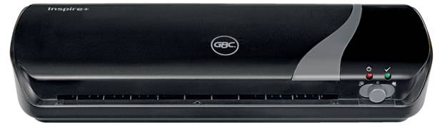 Black laminating machine with the 'GBC' logo, two indicator lights and a rotary dial on the right.