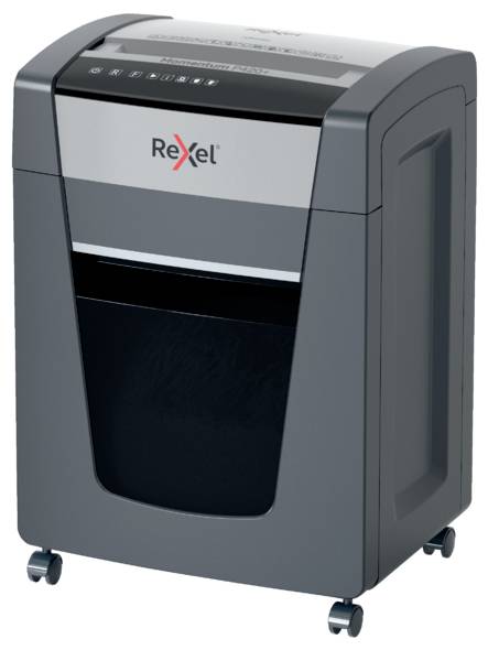 Paper shredder in grey with a black waste bin and four castors, suitable for office or professional use.