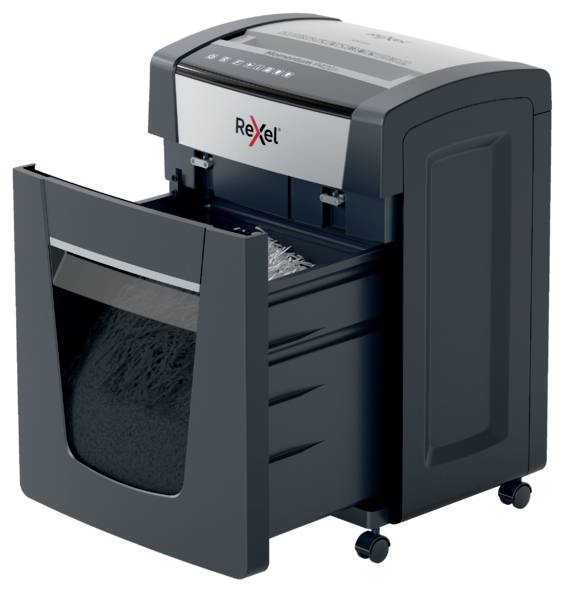 A black paper shredder shows an open collection bin with shredded paper. The device is standing on small wheels.