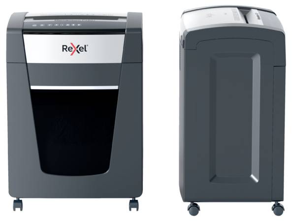 Paper shredder on wheels, side and front view, Rexel brand. Suitable for securely destroying documents.