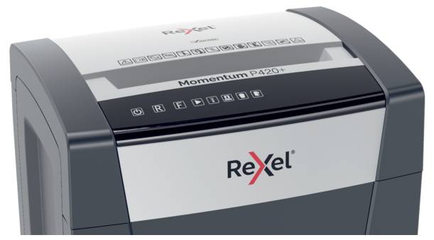 Paper shredder by Rexel, model Momentum PA20+, with control buttons and logos on the top surface.