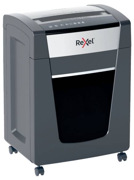 Office paper shredder with 'Rexel' labelling, mounted on castors, in black and silver. Primary function: document destruction.