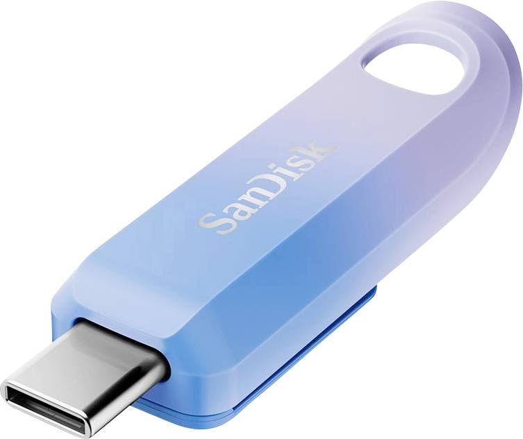 A blue SanDisk USB-C flash drive.