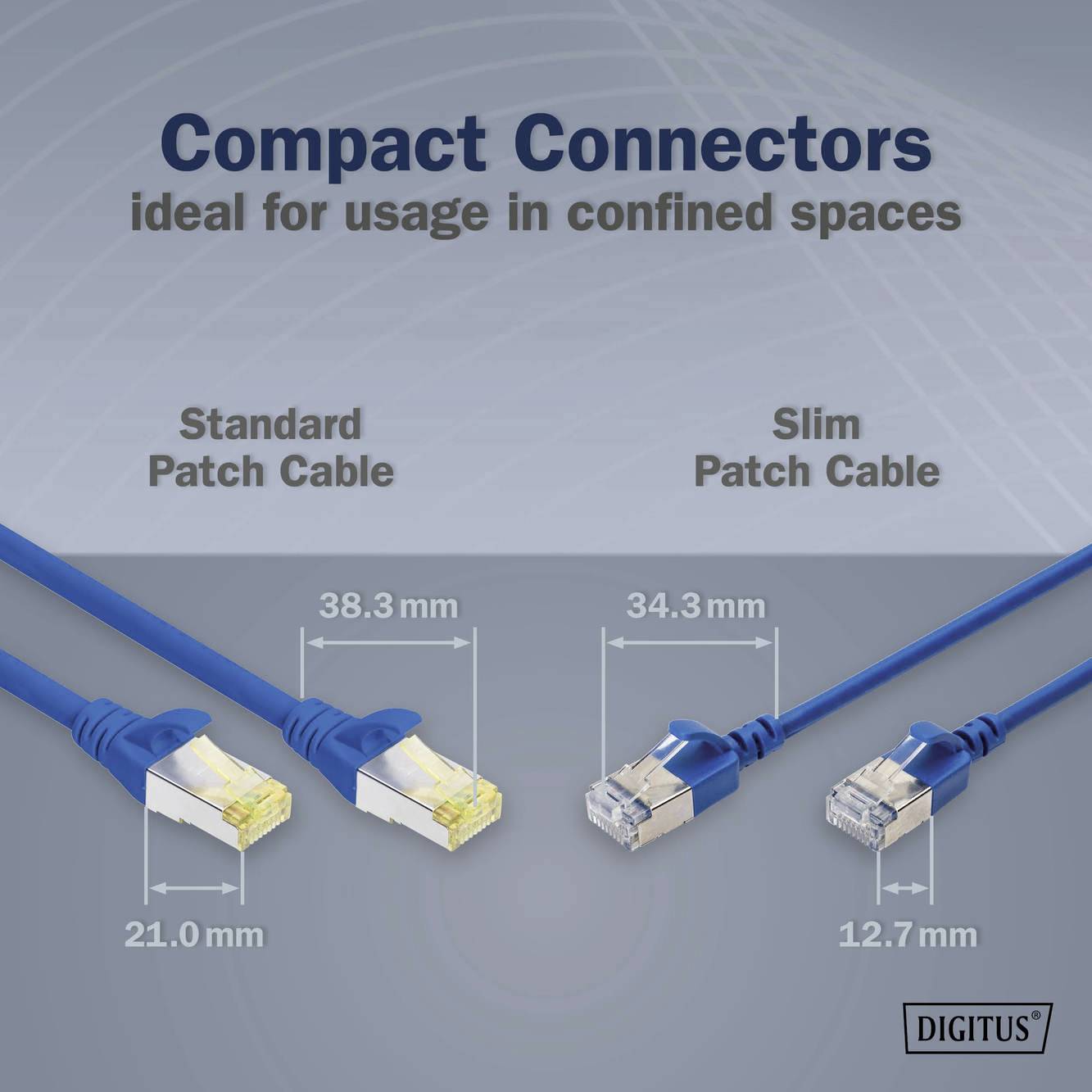 'Compact plugs, ideal for tight spaces.' Image shows standard patch cable (38.3 mm) and narrower, shorter cable (34.3 mm) by Digitus.
