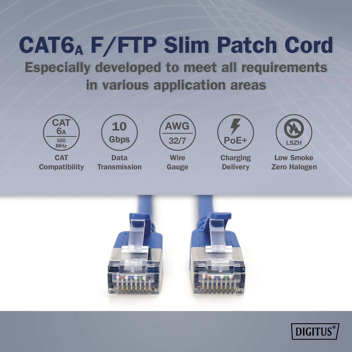 Two blue CAT6A F/FTP slim patch cable ends with metallic connectors, highlighted by text describing specifications and applications.