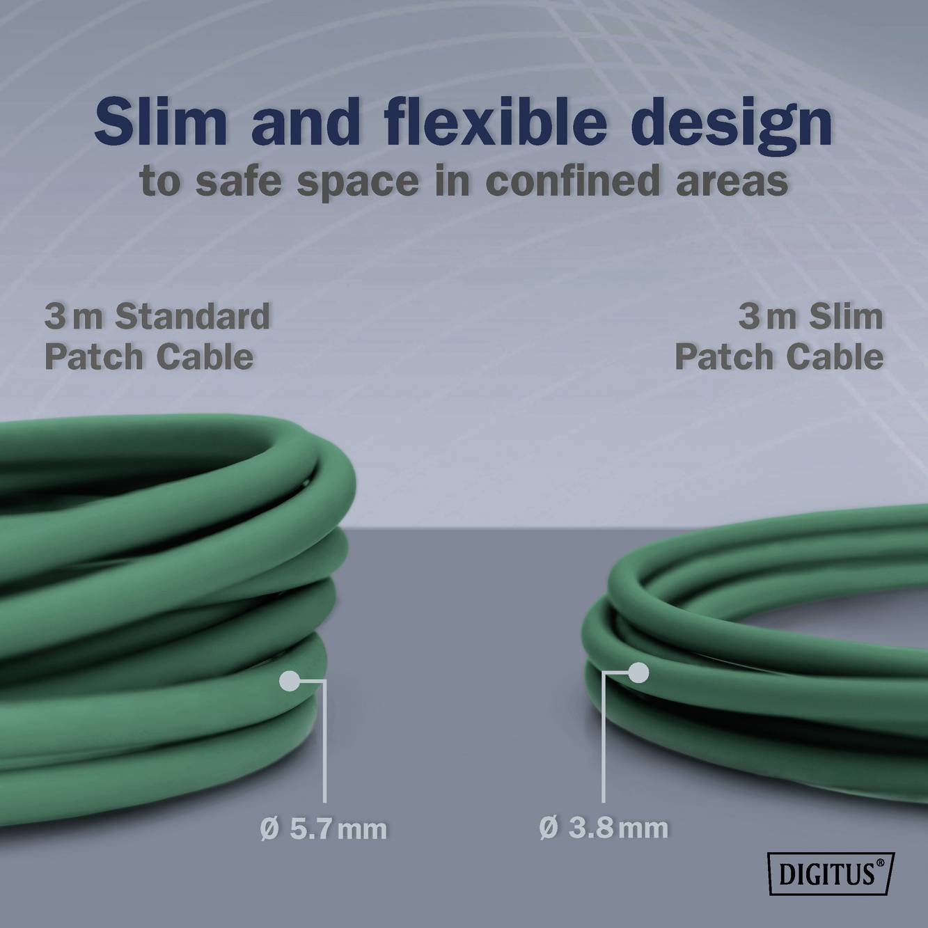 'Slim and Flexible Design' shows two cable types: a 3m standard patch cable (ø5.7mm) and a 3m slim cable (ø3.8mm).