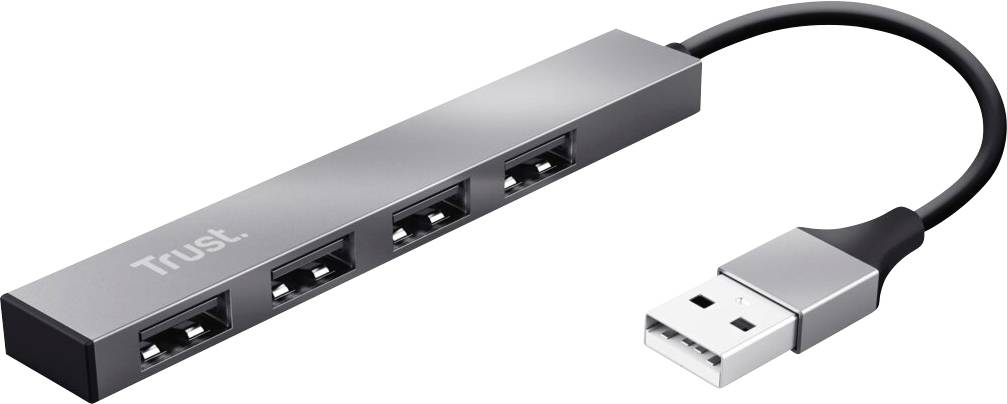 USB hub with four USB ports, connected by a cable. Suitable for expanding the connection options of a computer.