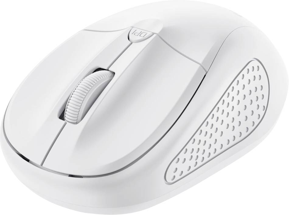 White computer mouse with ergonomic design and textured side surface for improved grip. Includes scroll wheel and DPI switch.