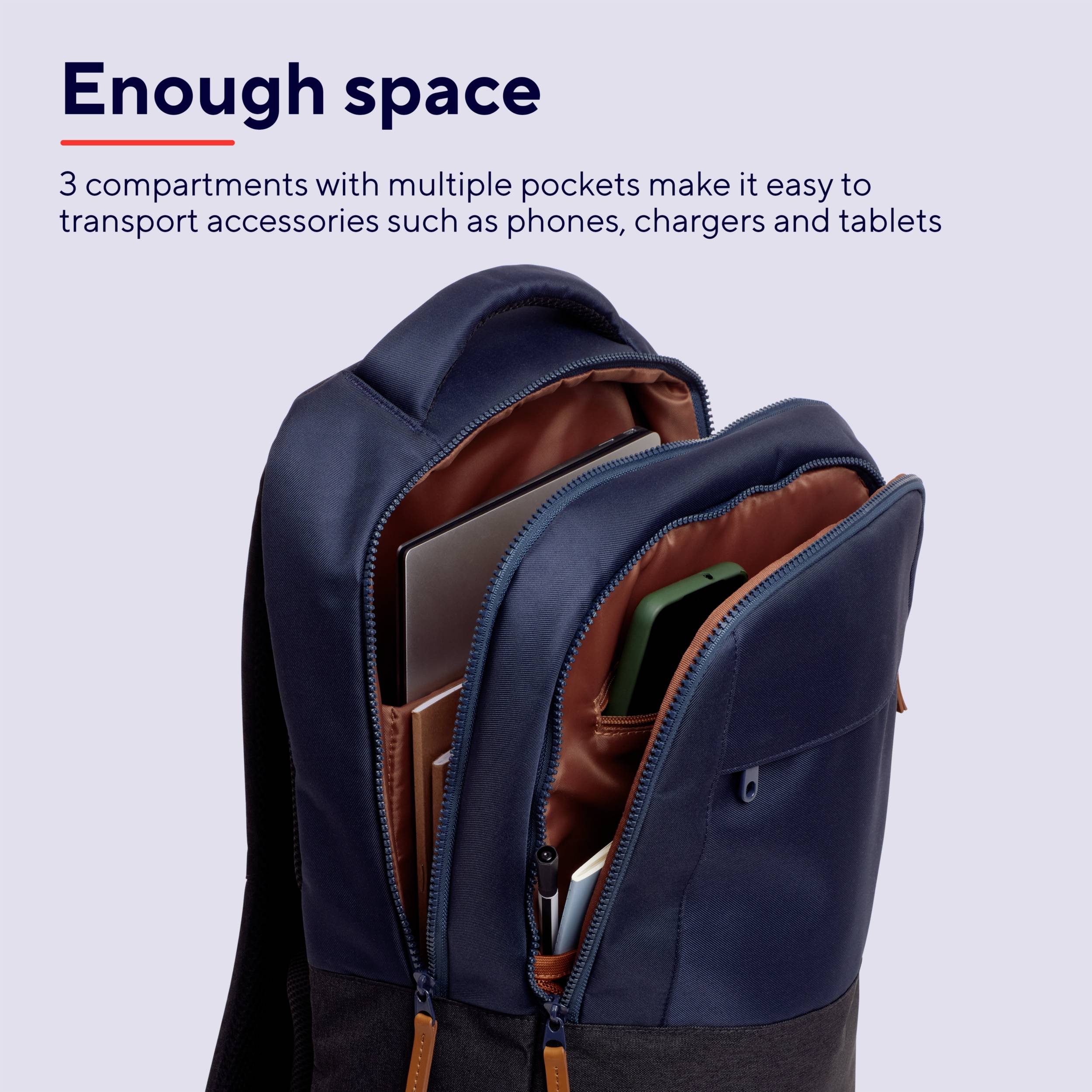 A rucksack with three compartments and multiple pockets, ideal for carrying accessories such as mobile phones, chargers, and tablets.