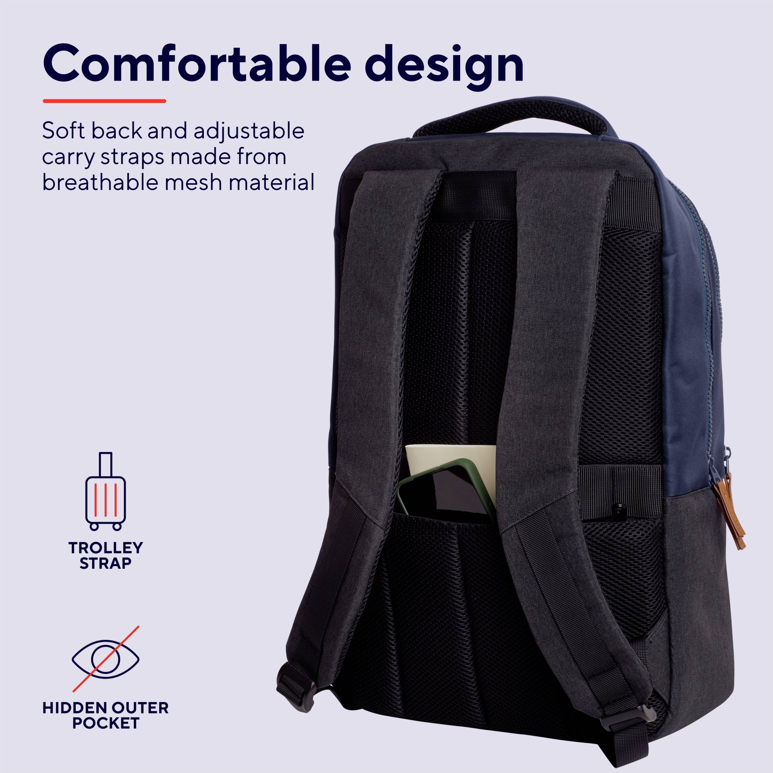 Rear view of a backpack with soft, adjustable straps and breathable mesh; includes trolley strap and hidden external pocket.