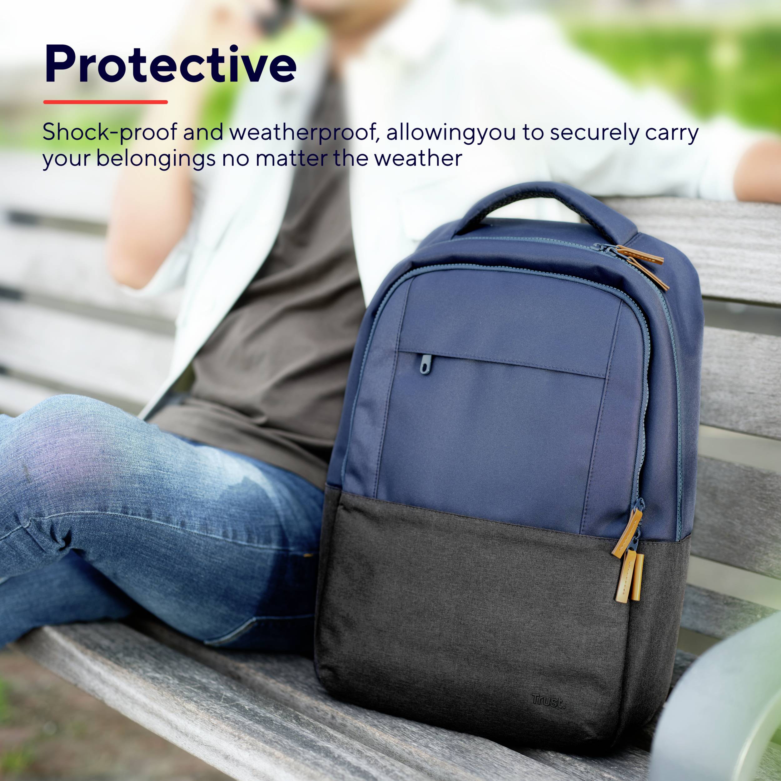 A person is sitting on a bench and holding a blue rucksack. Text: 'Shock-proof and weatherproof, protecting your belongings in any weather.'