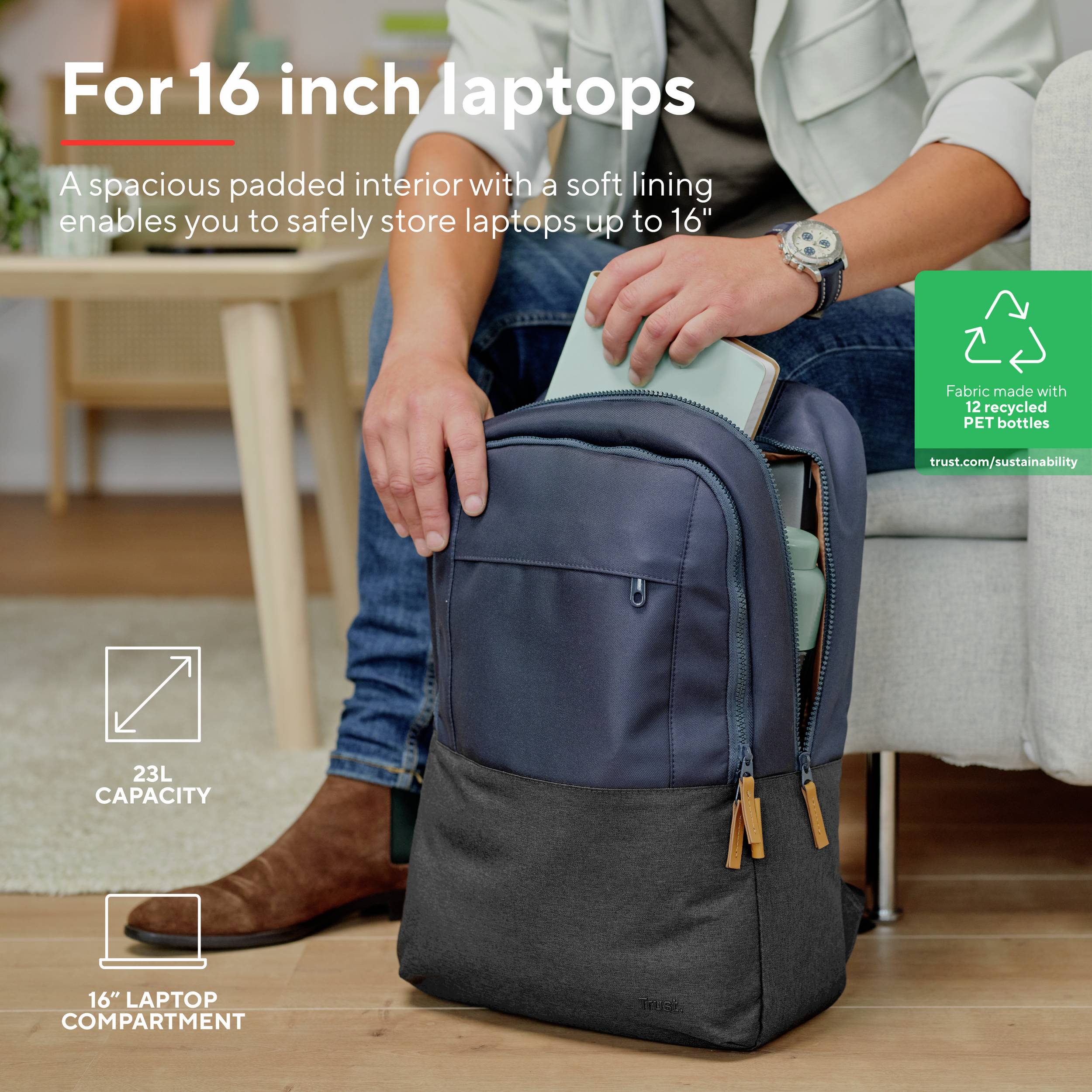 A person is holding a laptop backpack. Text describes: 'Fits 16-inch laptops', padded interior lining, made from recycled PET bottles. Capacity 23L.